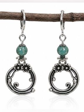 Turquoise Aqua Silver Scroll Earrings • Boho Floral Dangles